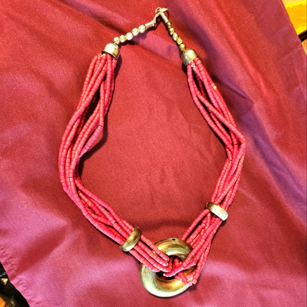 Unique brass and beaded necklace. Dark red/burgundy $9